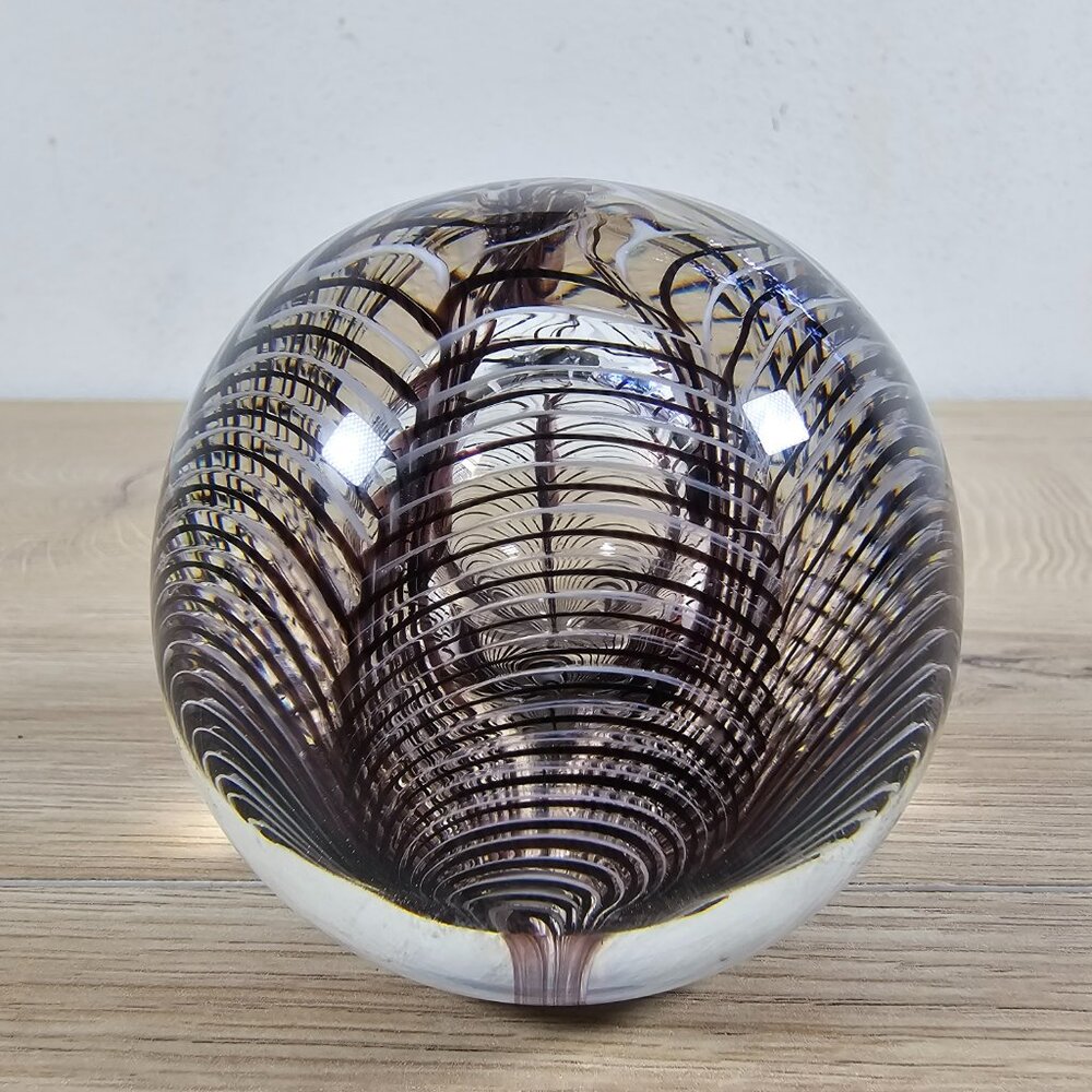 Glass Paperweight Abstract Swirls Black White Clear Round Decorative 2.5" - Picture 4 of 8